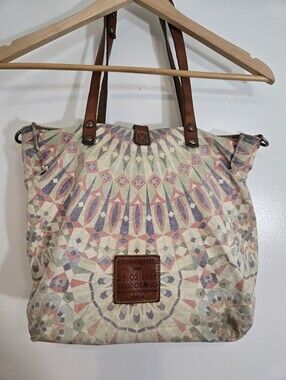 Anthropologie CAMPOMAGGI Geometric Mandala Canvas Leather Tote Bag AS IS